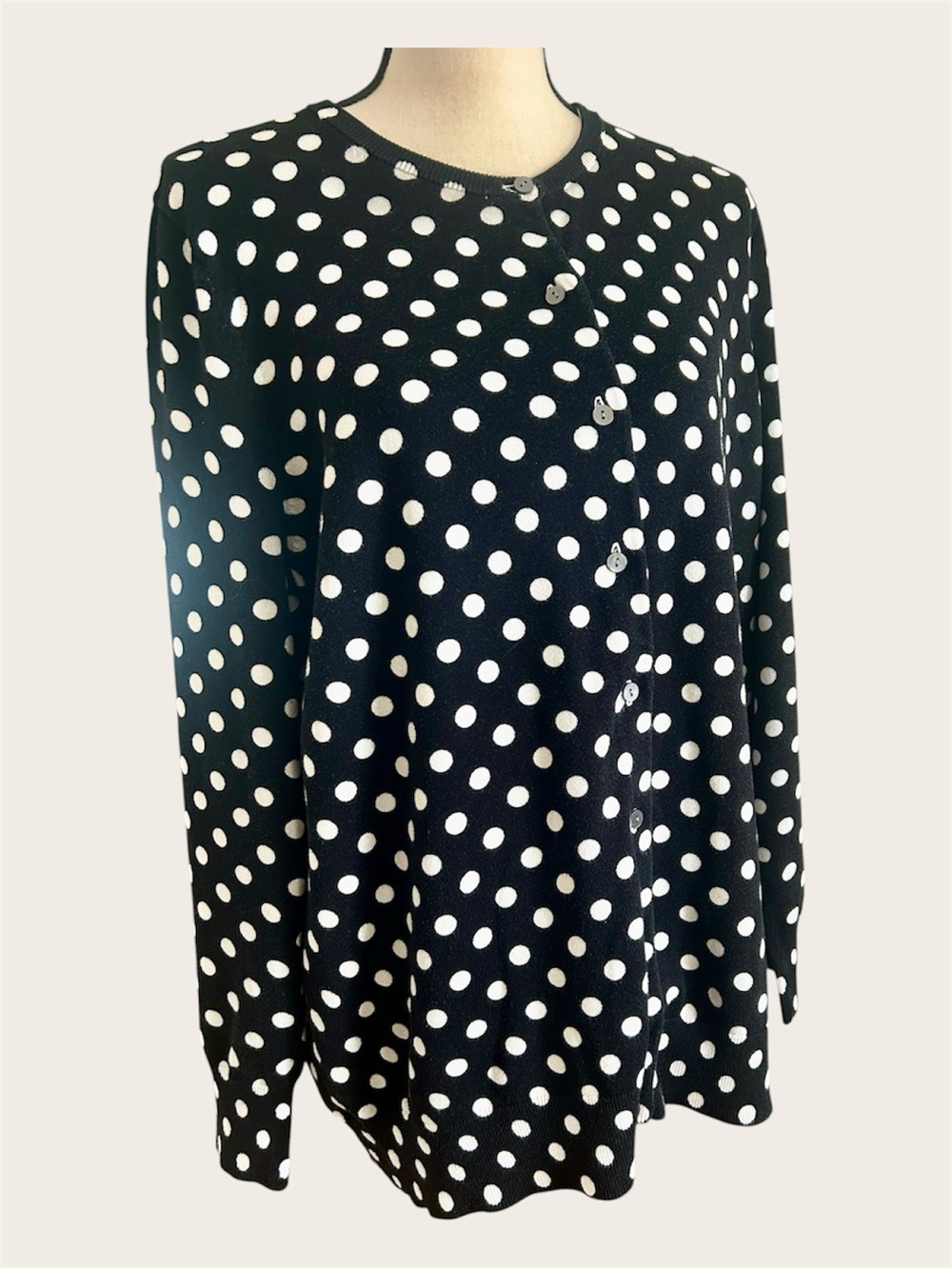 Lands' End Cardigan Sweater Polka Dot Black White Cotton Button Front size 1X